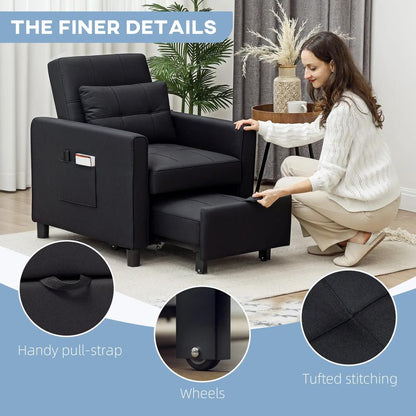 HOMCOM 3-In-1 Linen-Look Single Chair Bed with 11cm Thick Adjustable Back & Eucalyptus Wood Sofa Frame - Black Additional View 7