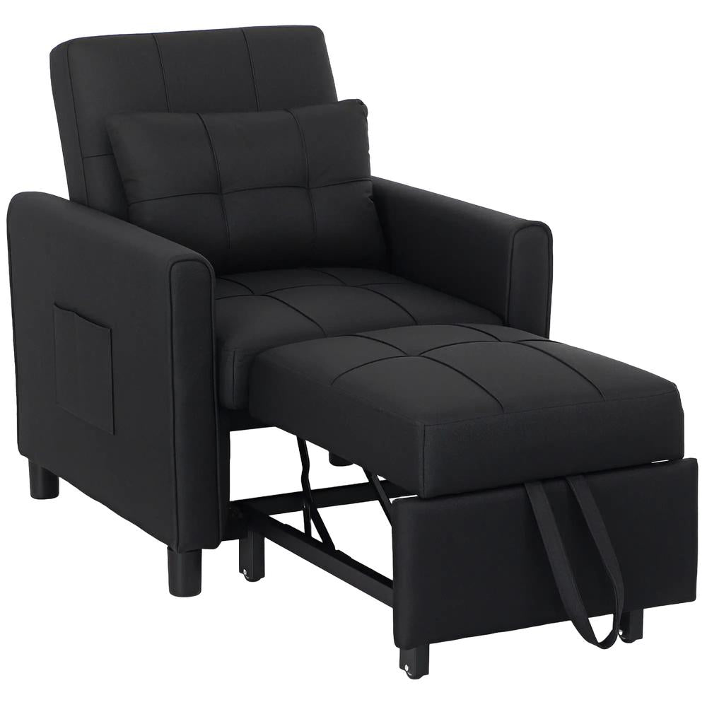 HOMCOM 3-In-1 Linen-Look Single Chair Bed with 11cm Thick Adjustable Back & Eucalyptus Wood Sofa Frame - Black