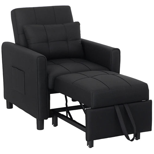 HOMCOM 3-In-1 Linen-Look Single Chair Bed with 11cm Thick Adjustable Back & Eucalyptus Wood Sofa Frame - Black