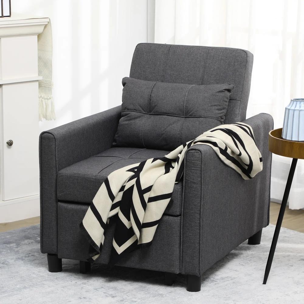 HOMCOM 3-In-1 Linen-Look Single Chair Bed with Adjustable Back & Eucalyptus Wood Sofa Frame - Grey Additional View 12