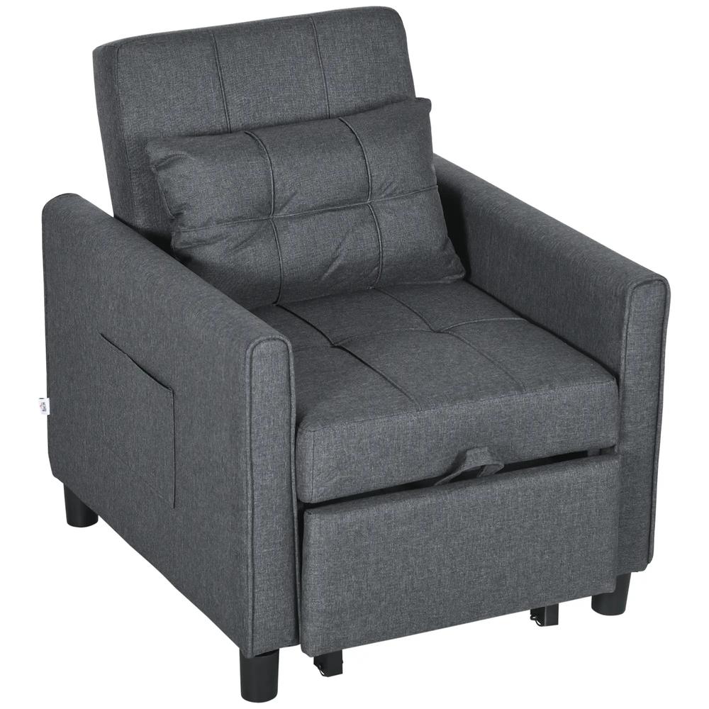 HOMCOM 3-In-1 Linen-Look Single Chair Bed with Adjustable Back & Eucalyptus Wood Sofa Frame - Grey Additional View 13