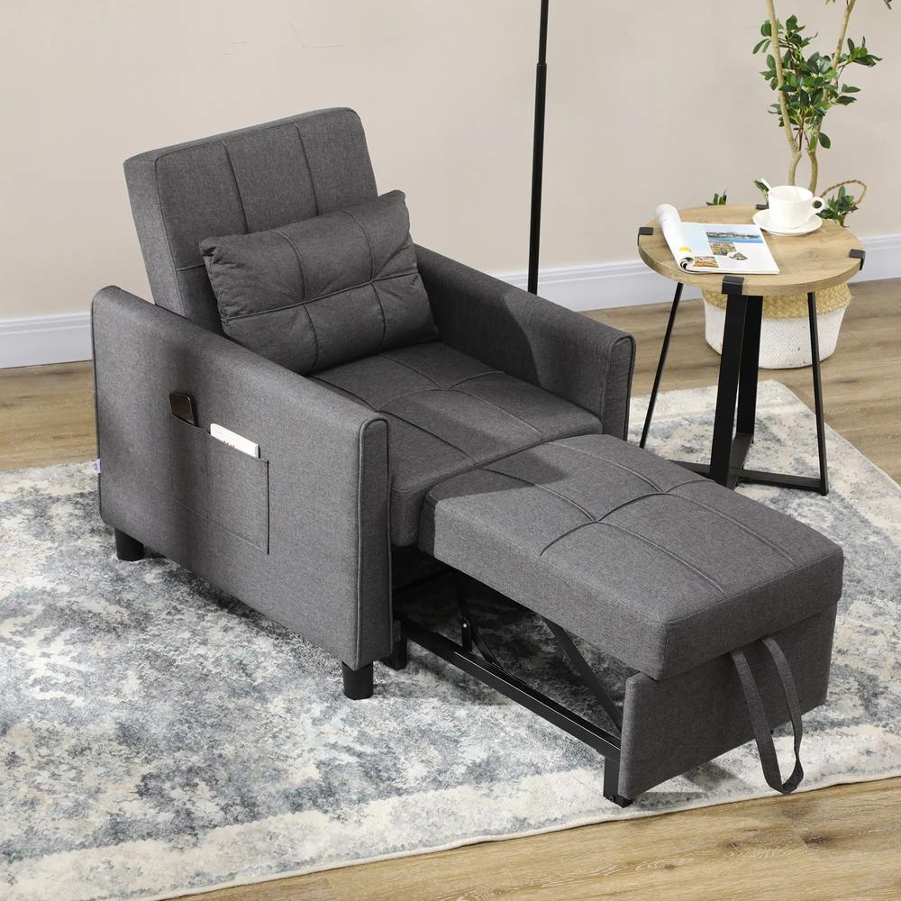 HOMCOM 3-In-1 Linen-Look Single Chair Bed with Adjustable Back & Eucalyptus Wood Sofa Frame - Grey Additional View 2