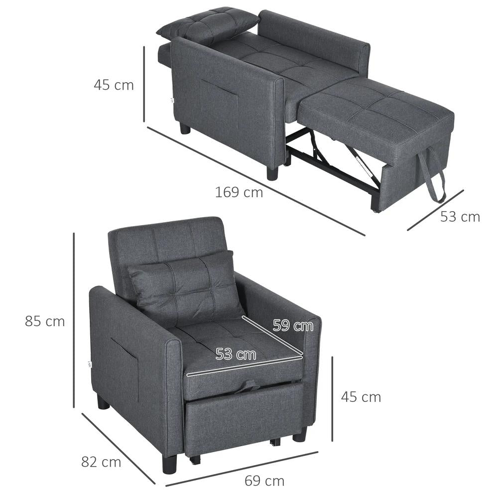 HOMCOM 3-In-1 Linen-Look Single Chair Bed with Adjustable Back & Eucalyptus Wood Sofa Frame - Grey Additional View 3