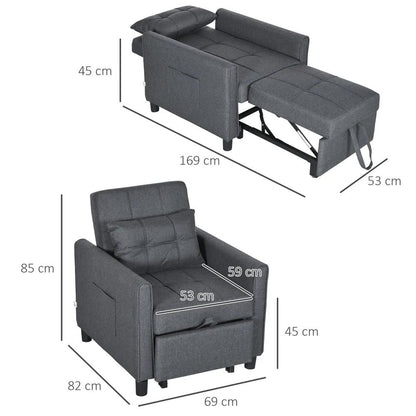 HOMCOM 3-In-1 Linen-Look Single Chair Bed with Adjustable Back & Eucalyptus Wood Sofa Frame - Grey Additional View 3