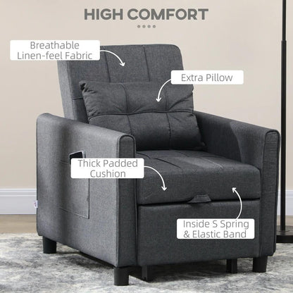 HOMCOM 3-In-1 Linen-Look Single Chair Bed with Adjustable Back & Eucalyptus Wood Sofa Frame - Grey Additional View 4