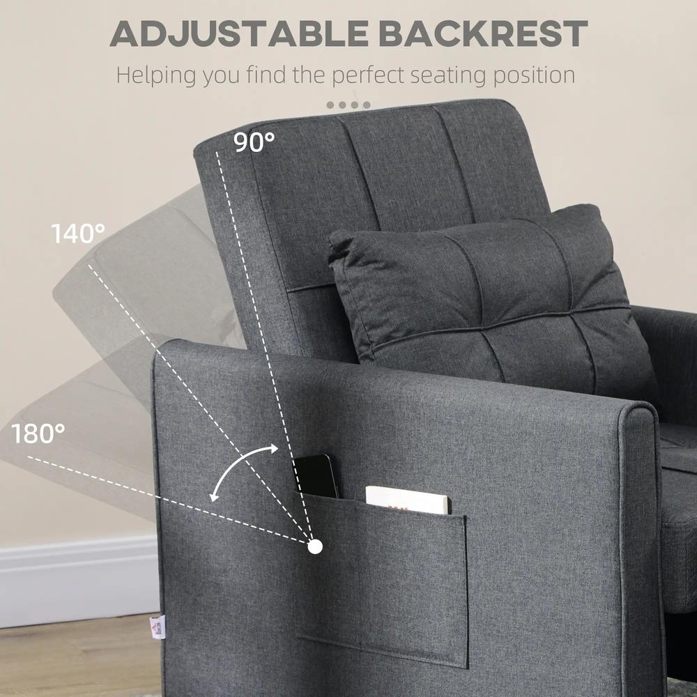 HOMCOM 3-In-1 Linen-Look Single Chair Bed with Adjustable Back & Eucalyptus Wood Sofa Frame - Grey Additional View 5