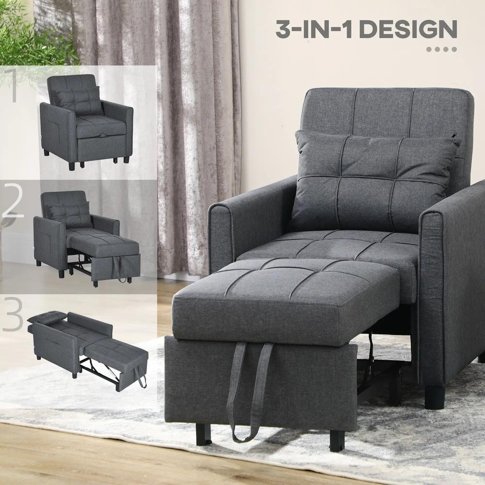 HOMCOM 3-In-1 Linen-Look Single Chair Bed with Adjustable Back & Eucalyptus Wood Sofa Frame - Grey Additional View 6