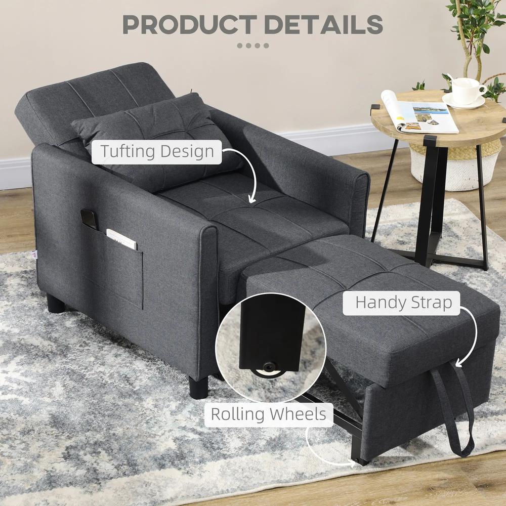 HOMCOM 3-In-1 Linen-Look Single Chair Bed with Adjustable Back & Eucalyptus Wood Sofa Frame - Grey Additional View 7