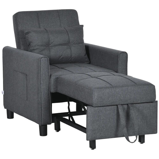 HOMCOM 3-In-1 Linen-Look Single Chair Bed with Adjustable Back & Eucalyptus Wood Sofa Frame - Grey