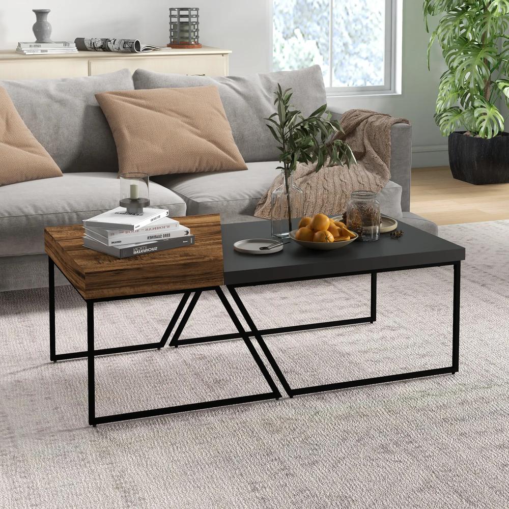 HOMCOM Coffee Table Set of 2, Industrial Nesting Table with Steel Frame and 8cm Thick Tabletop, Sofa Side End Table for Living Room, Rustic Brown Additional View 2