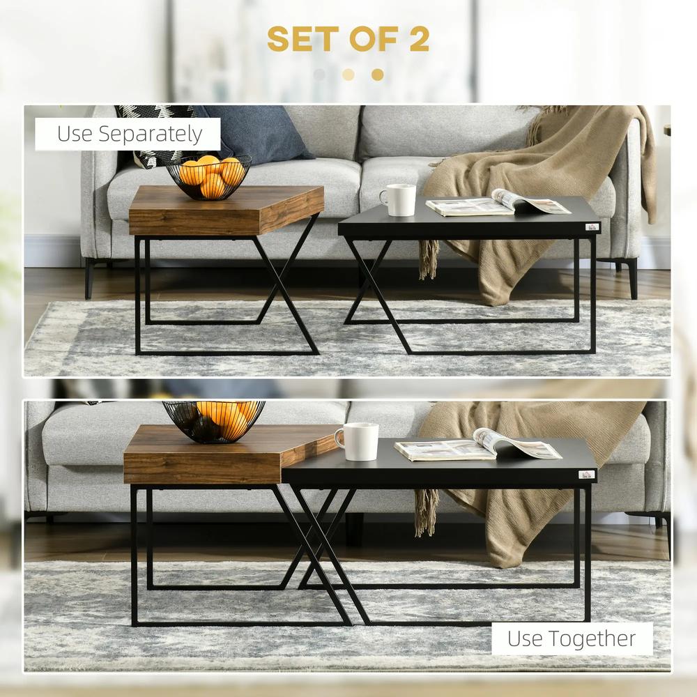 HOMCOM Coffee Table Set of 2, Industrial Nesting Table with Steel Frame and 8cm Thick Tabletop, Sofa Side End Table for Living Room, Rustic Brown Additional View 4