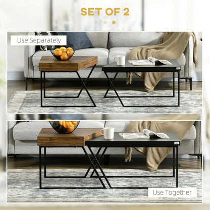 HOMCOM Coffee Table Set of 2, Industrial Nesting Table with Steel Frame and 8cm Thick Tabletop, Sofa Side End Table for Living Room, Rustic Brown Additional View 4