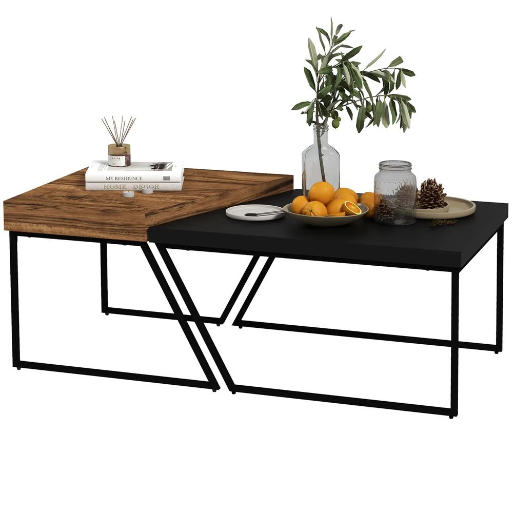 HOMCOM Coffee Table Set of 2, Industrial Nesting Table with Steel Frame and 8cm Thick Tabletop, Sofa Side End Table for Living Room, Rustic Brown Additional View 10