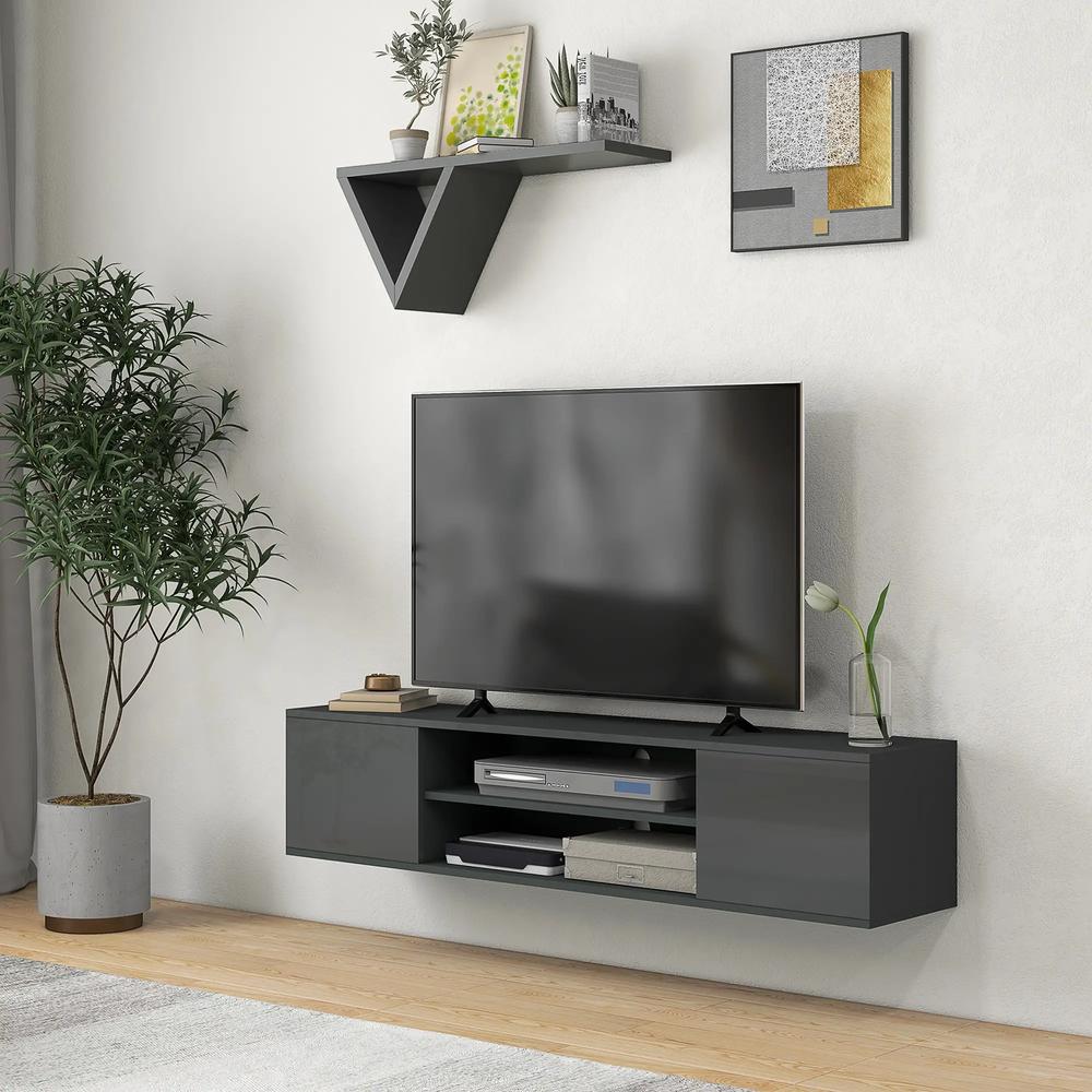 HOMCOM Floating TV Stand Cabinet for TVs up to 60", Wall Mounted TV Unit with Open Shelf, Storage Cupboards and Cable Management for Living Room Additional View 21