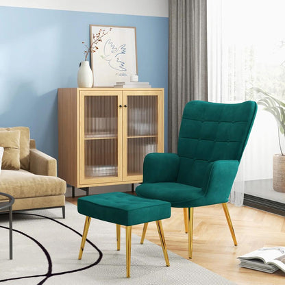 HOMCOM Modern Armchair with Footstool, Upholstered Accent Chair with Ottoman, Steel Legs, Velvet Wingback Chair for Living Room, Bedroom, Home Study, Dark Green Additional View 2