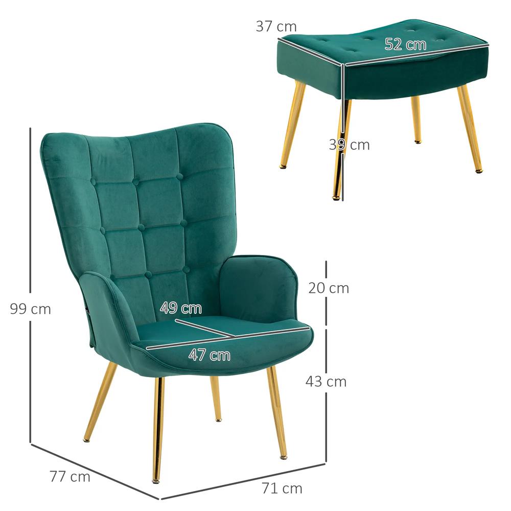 HOMCOM Modern Armchair with Footstool, Upholstered Accent Chair with Ottoman, Steel Legs, Velvet Wingback Chair for Living Room, Bedroom, Home Study, Dark Green Additional View 3
