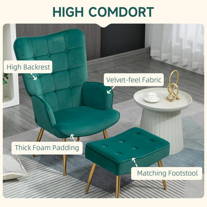 HOMCOM Modern Armchair with Footstool, Upholstered Accent Chair with Ottoman, Steel Legs, Velvet Wingback Chair for Living Room, Bedroom, Home Study, Dark Green Additional View 4