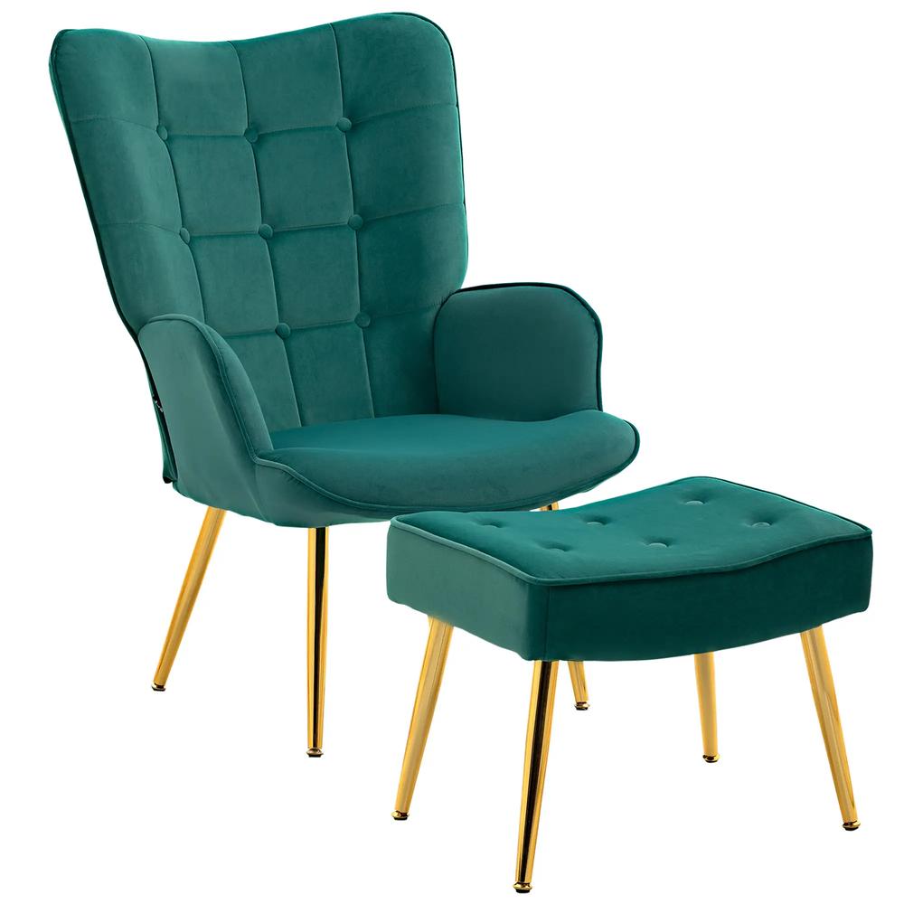 HOMCOM Modern Armchair with Footstool, Upholstered Accent Chair with Ottoman, Steel Legs, Velvet Wingback Chair for Living Room, Bedroom, Home Study, Dark Green Additional View 10
