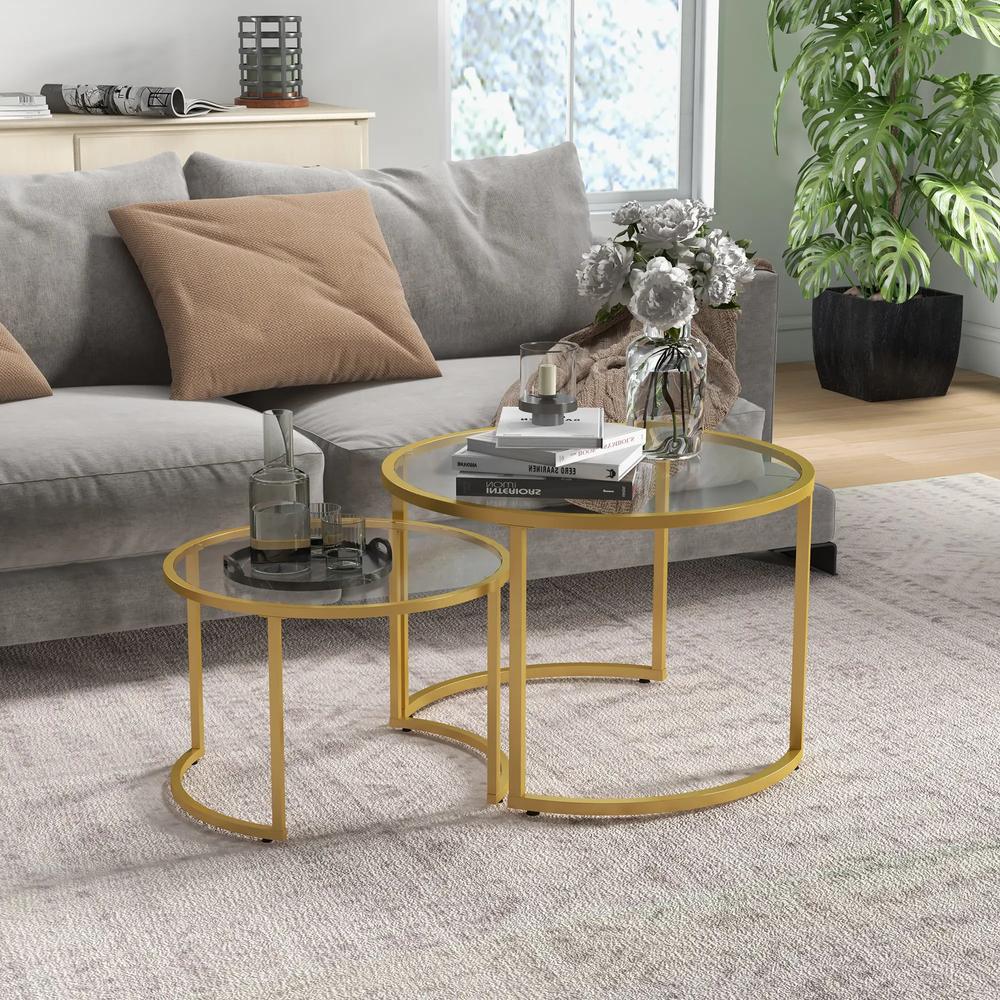HOMCOM Coffee Table Set of 2, Modern Nest of Tables with Tempered Glass Top, Steel Frame for Living Room, Gold Tone Additional View 2