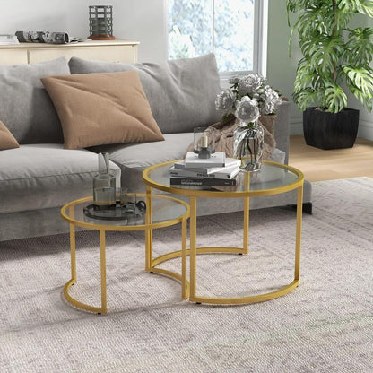 HOMCOM Coffee Table Set of 2, Modern Nest of Tables with Tempered Glass Top, Steel Frame for Living Room, Gold Tone Additional View 2