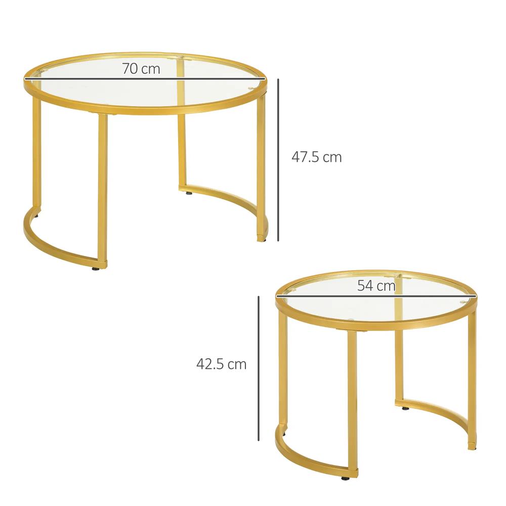 HOMCOM Coffee Table Set of 2, Modern Nest of Tables with Tempered Glass Top, Steel Frame for Living Room, Gold Tone Additional View 3