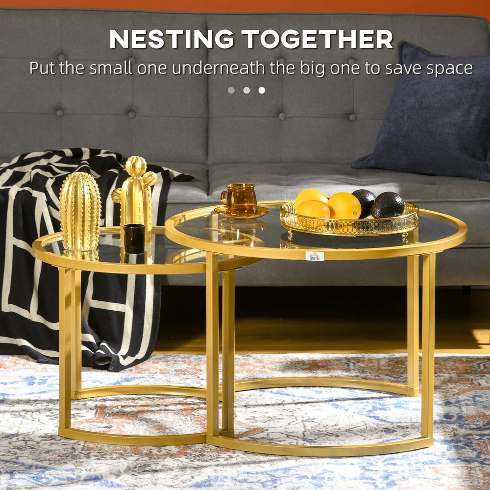 HOMCOM Coffee Table Set of 2, Modern Nest of Tables with Tempered Glass Top, Steel Frame for Living Room, Gold Tone Additional View 4
