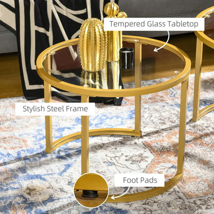 HOMCOM Coffee Table Set of 2, Modern Nest of Tables with Tempered Glass Top, Steel Frame for Living Room, Gold Tone Additional View 5