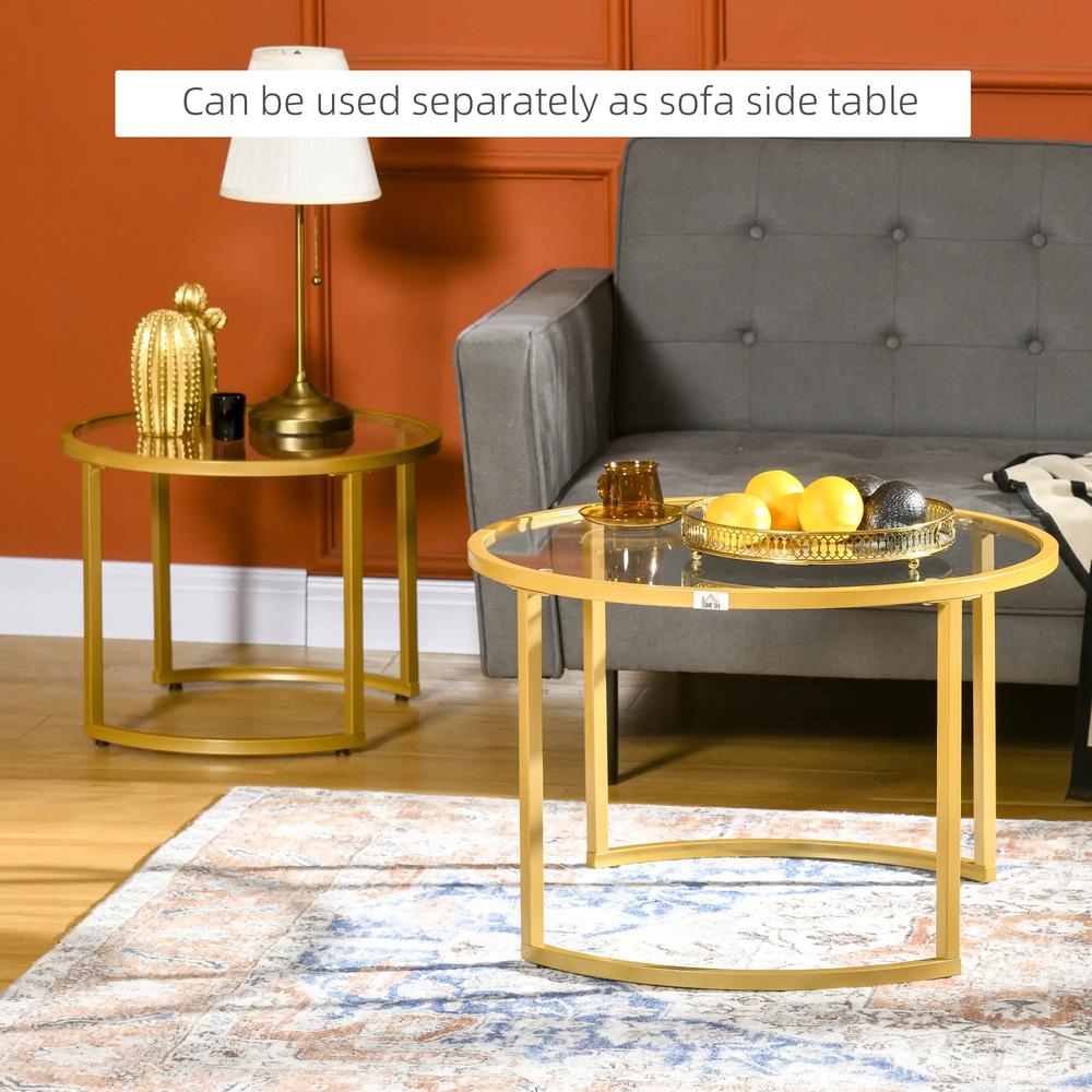 HOMCOM Coffee Table Set of 2, Modern Nest of Tables with Tempered Glass Top, Steel Frame for Living Room, Gold Tone Additional View 6
