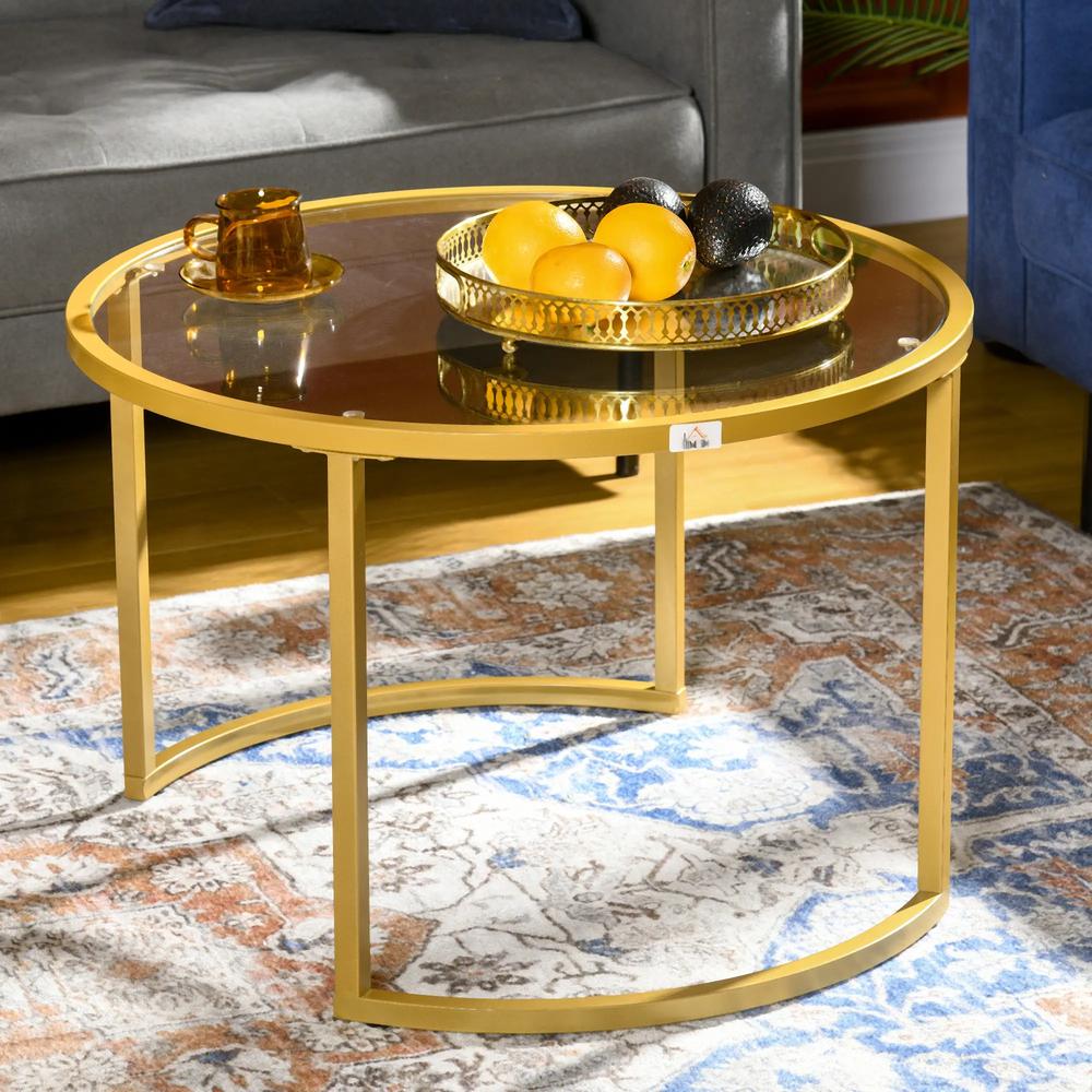 HOMCOM Coffee Table Set of 2, Modern Nest of Tables with Tempered Glass Top, Steel Frame for Living Room, Gold Tone Additional View 7