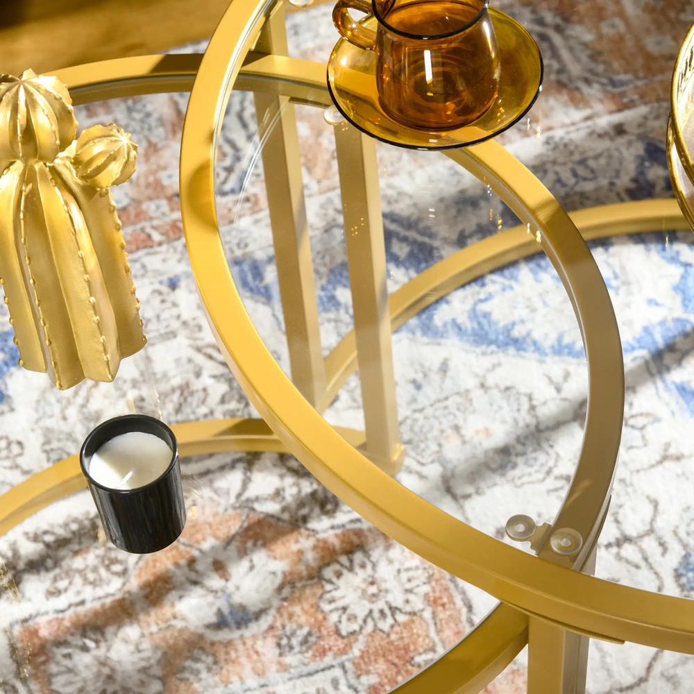 HOMCOM Coffee Table Set of 2, Modern Nest of Tables with Tempered Glass Top, Steel Frame for Living Room, Gold Tone Additional View 8