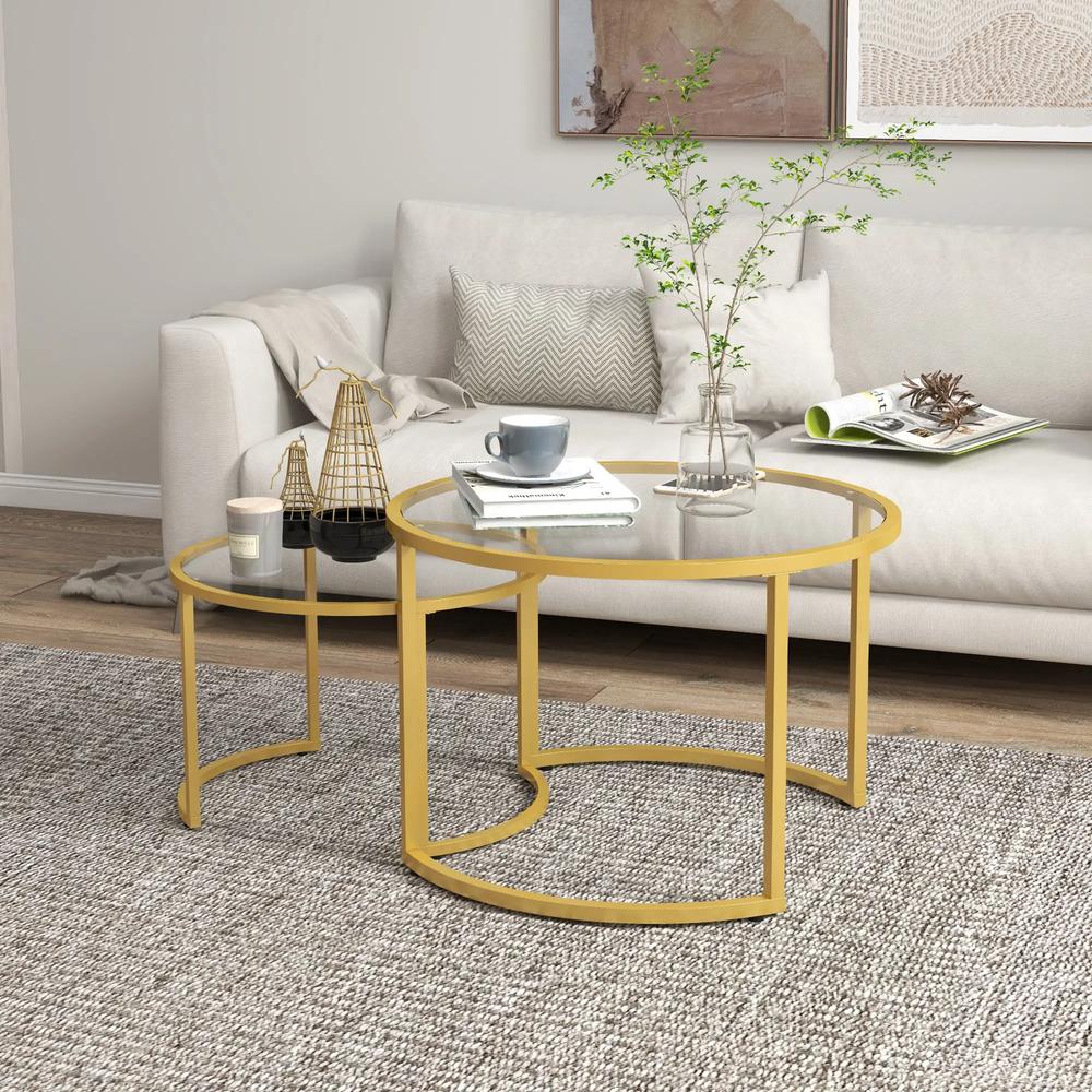 HOMCOM Coffee Table Set of 2, Modern Nest of Tables with Tempered Glass Top, Steel Frame for Living Room, Gold Tone Additional View 10