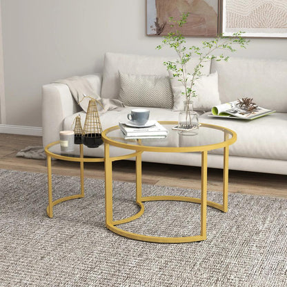 HOMCOM Coffee Table Set of 2, Modern Nest of Tables with Tempered Glass Top, Steel Frame for Living Room, Gold Tone Additional View 10