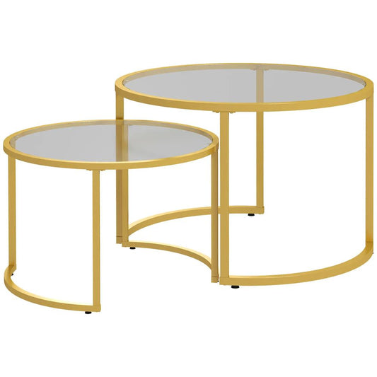 HOMCOM Coffee Table Set of 2, Modern Nest of Tables with Tempered Glass Top, Steel Frame for Living Room, Gold Tone