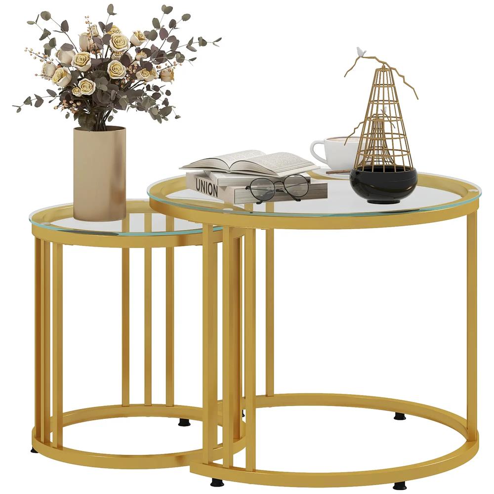 HOMCOM Round Coffee Tables Set of 2, Nesting Tables with Tempered Glass Top and Steel Frame, 60cmx60cmx47cm Additional View 11