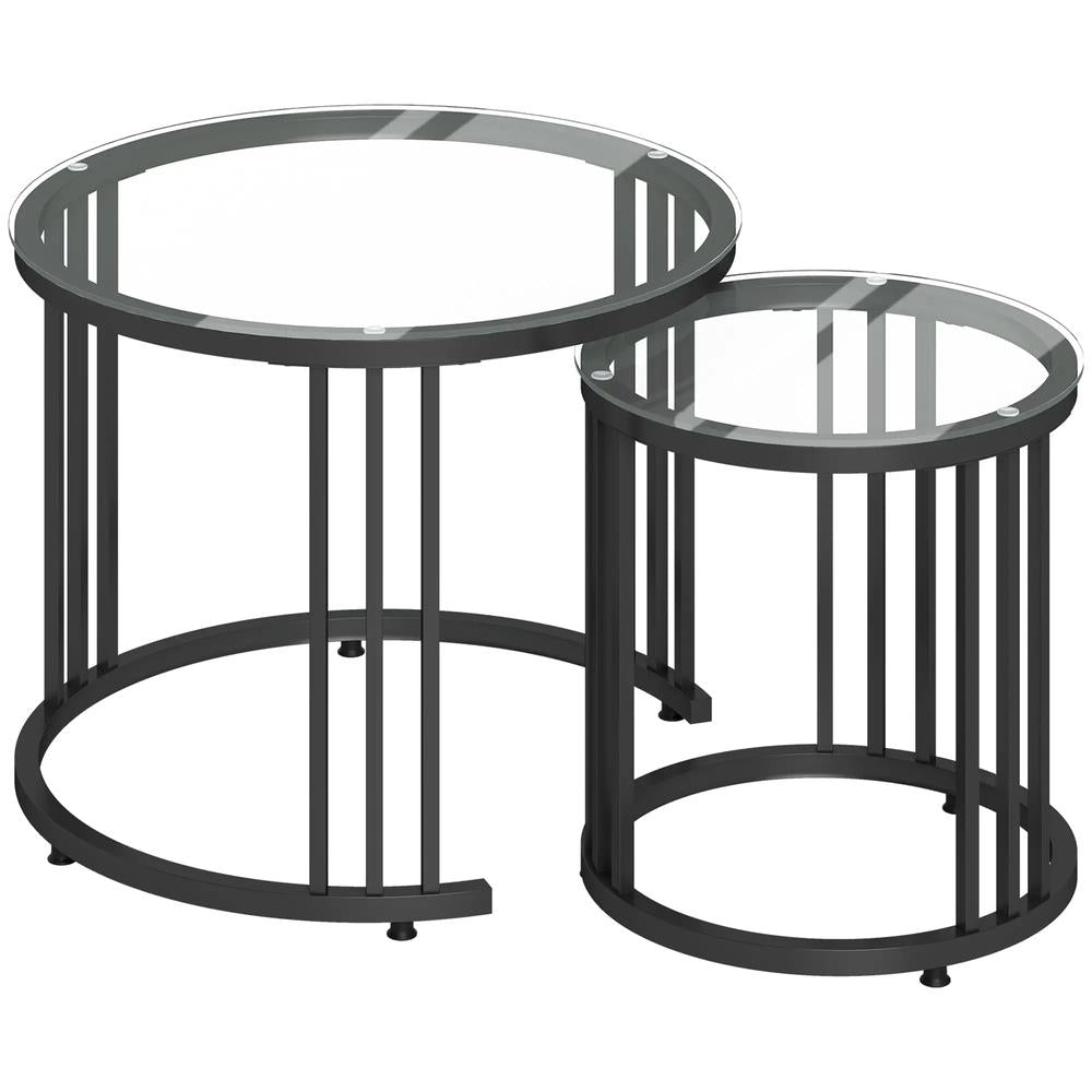 HOMCOM Round Coffee Tables Set of 2, Nesting Tables with Tempered Glass Top and Steel Frame, 60cmx60cmx47cm Additional View 12