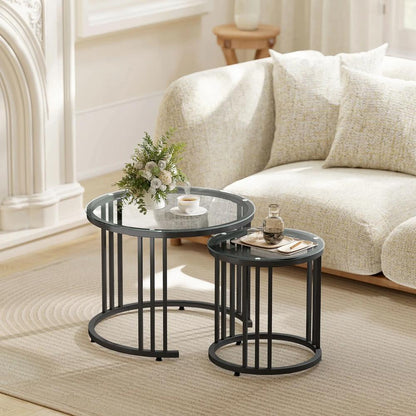 HOMCOM Round Coffee Tables Set of 2, Nesting Tables with Tempered Glass Top and Steel Frame, 60cmx60cmx47cm Additional View 13