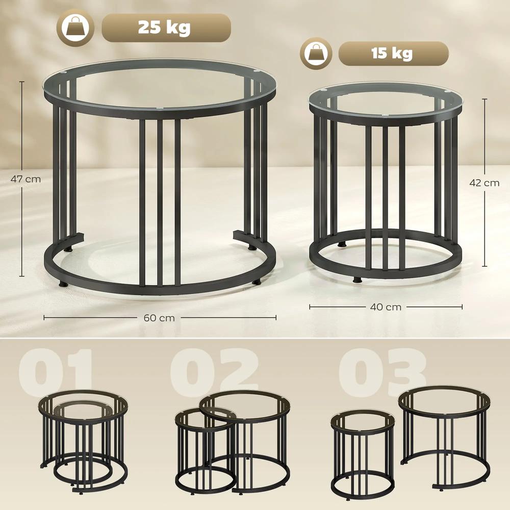 HOMCOM Round Coffee Tables Set of 2, Nesting Tables with Tempered Glass Top and Steel Frame, 60cmx60cmx47cm Additional View 14