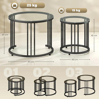 HOMCOM Round Coffee Tables Set of 2, Nesting Tables with Tempered Glass Top and Steel Frame, 60cmx60cmx47cm Additional View 14