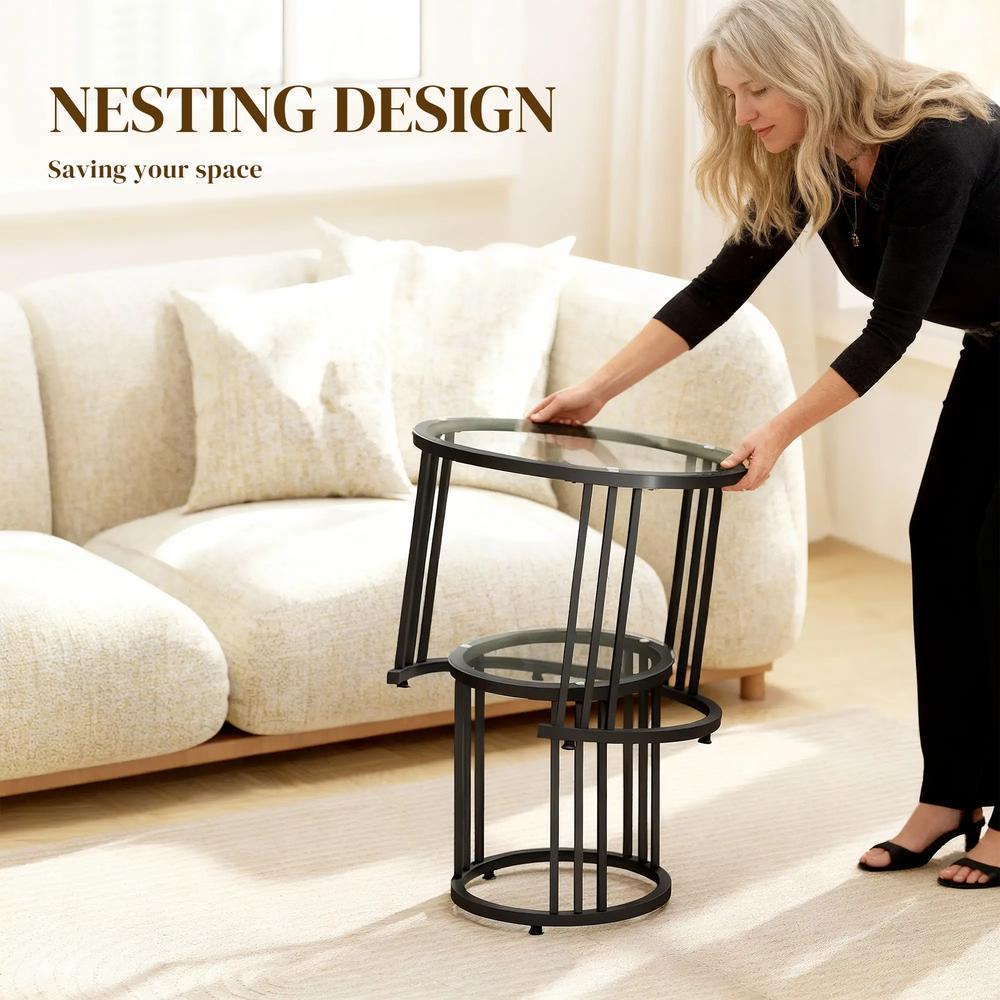 HOMCOM Round Coffee Tables Set of 2, Nesting Tables with Tempered Glass Top and Steel Frame, 60cmx60cmx47cm Additional View 15