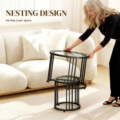 HOMCOM Round Coffee Tables Set of 2, Nesting Tables with Tempered Glass Top and Steel Frame, 60cmx60cmx47cm Additional View 15