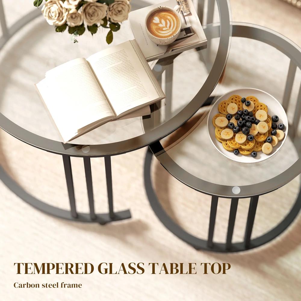 HOMCOM Round Coffee Tables Set of 2, Nesting Tables with Tempered Glass Top and Steel Frame, 60cmx60cmx47cm Additional View 16