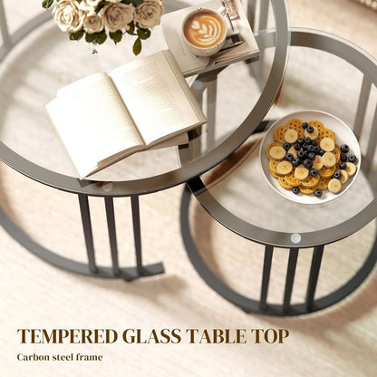 HOMCOM Round Coffee Tables Set of 2, Nesting Tables with Tempered Glass Top and Steel Frame, 60cmx60cmx47cm Additional View 16