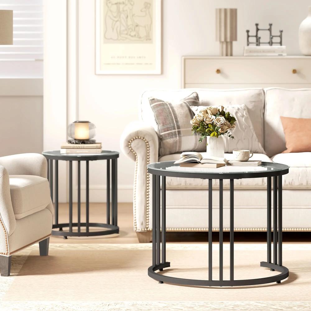 HOMCOM Round Coffee Tables Set of 2, Nesting Tables with Tempered Glass Top and Steel Frame, 60cmx60cmx47cm Additional View 18