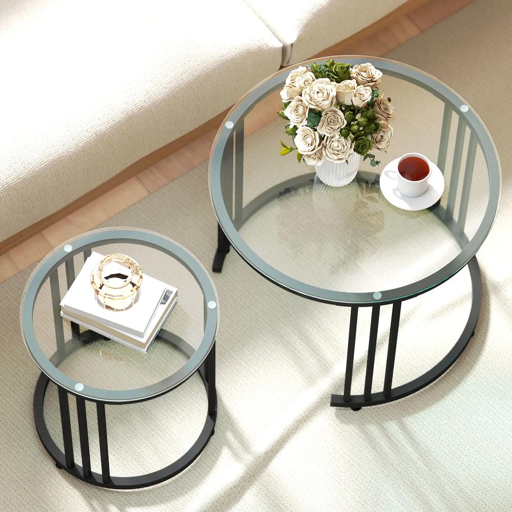 HOMCOM Round Coffee Tables Set of 2, Nesting Tables with Tempered Glass Top and Steel Frame, 60cmx60cmx47cm Additional View 19