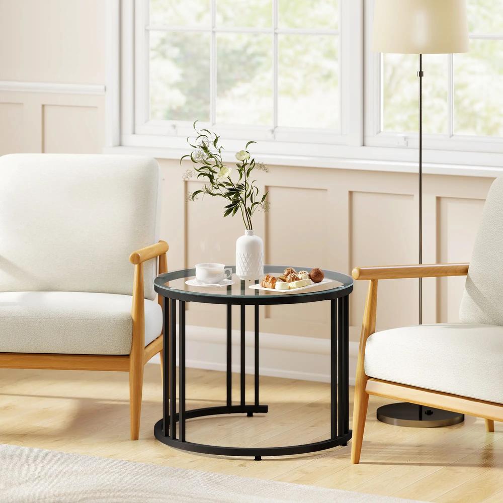 HOMCOM Round Coffee Tables Set of 2, Nesting Tables with Tempered Glass Top and Steel Frame, 60cmx60cmx47cm Additional View 20
