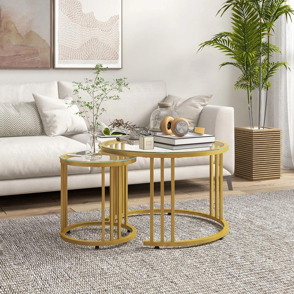 HOMCOM Round Coffee Tables Set of 2, Nesting Tables with Tempered Glass Top and Steel Frame, 60cmx60cmx47cm Additional View 2