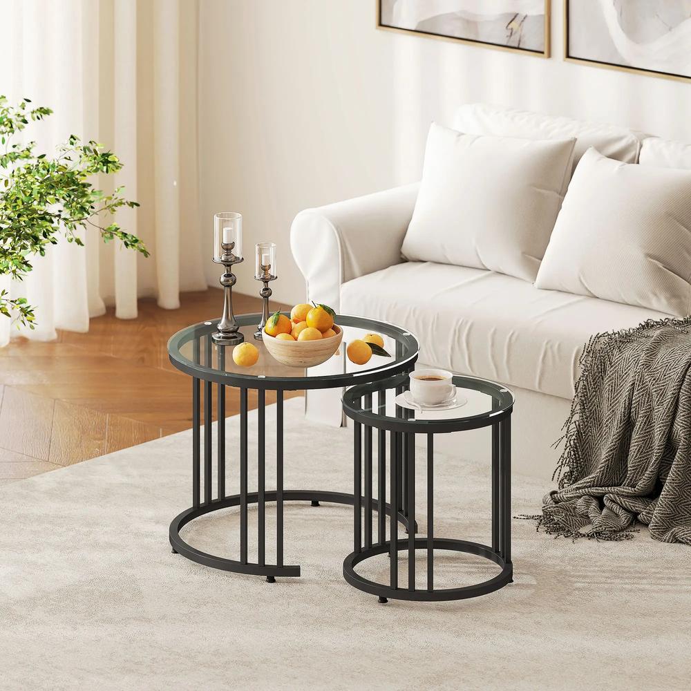 HOMCOM Round Coffee Tables Set of 2, Nesting Tables with Tempered Glass Top and Steel Frame, 60cmx60cmx47cm Additional View 21
