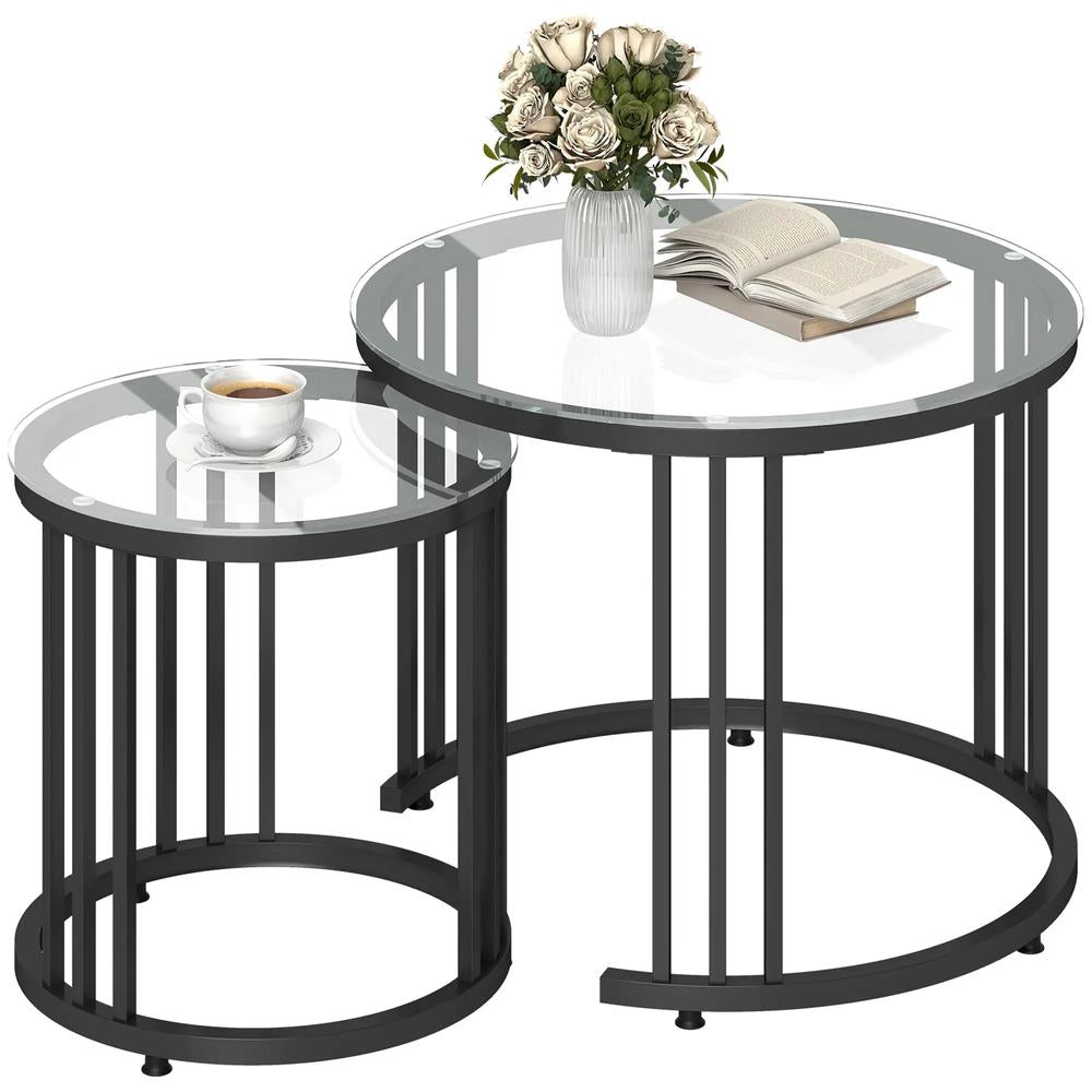 HOMCOM Round Coffee Tables Set of 2, Nesting Tables with Tempered Glass Top and Steel Frame, 60cmx60cmx47cm Additional View 22