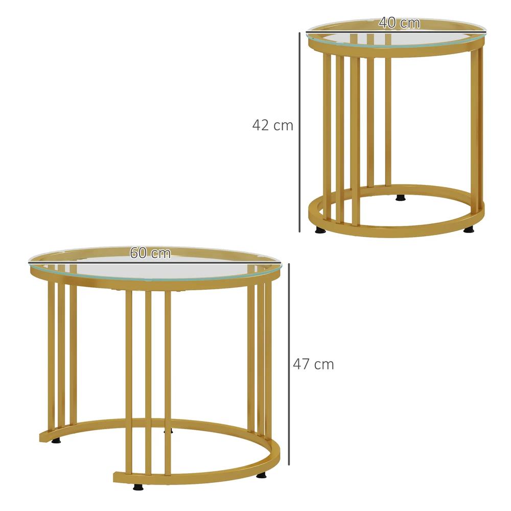 HOMCOM Round Coffee Tables Set of 2, Nesting Tables with Tempered Glass Top and Steel Frame, 60cmx60cmx47cm Additional View 3