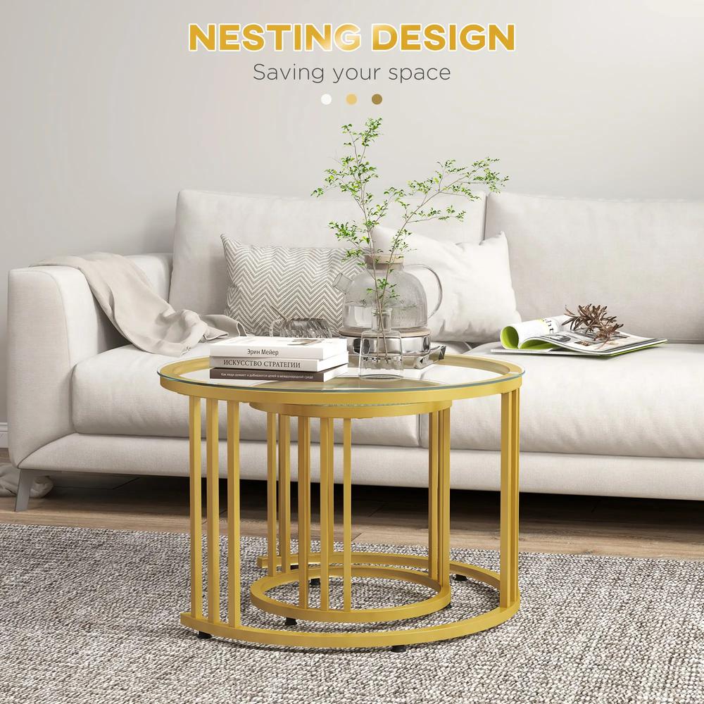 HOMCOM Round Coffee Tables Set of 2, Nesting Tables with Tempered Glass Top and Steel Frame, 60cmx60cmx47cm Additional View 4